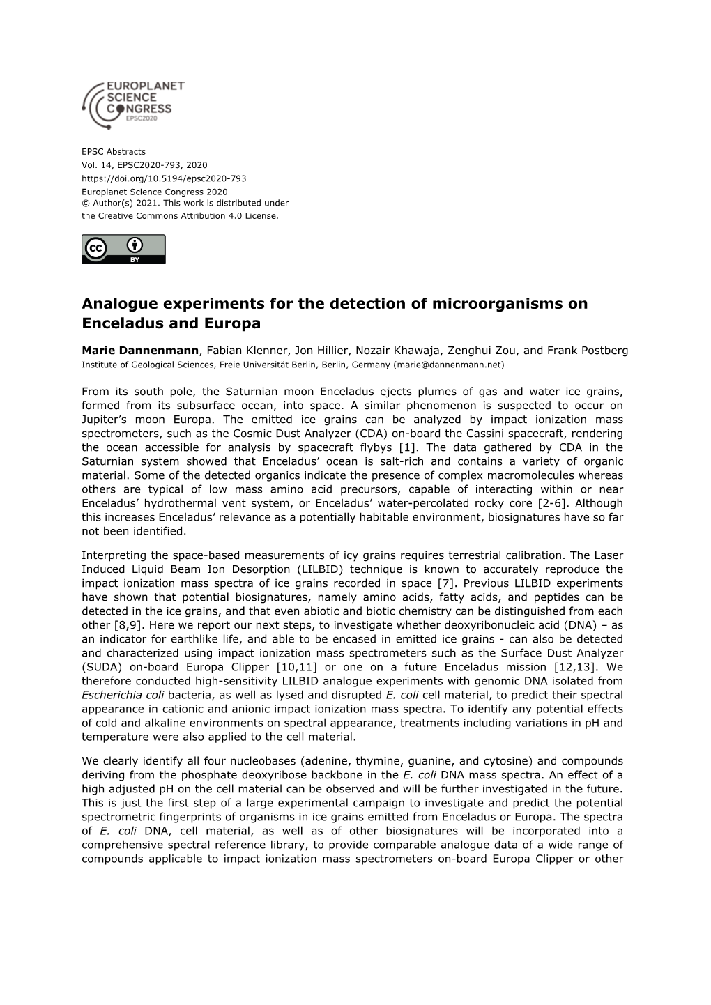 Analogue Experiments for the Detection of Microorganisms on Enceladus and Europa