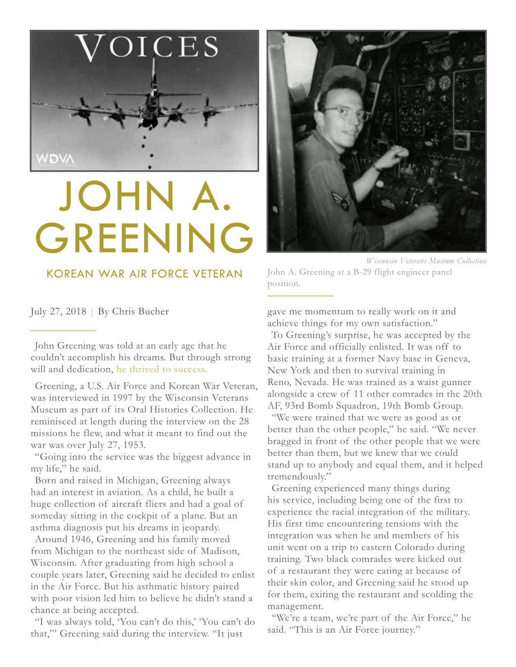 JOHN A. GREENING Wisconsin Veterans Museum Collection KOREAN WAR AIR FORCE VETERAN John A