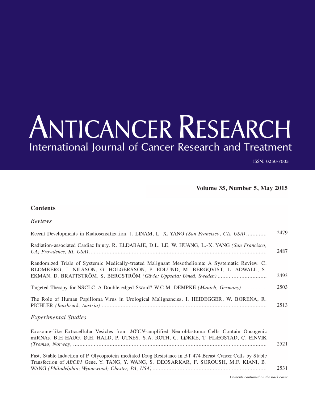 ANTICANCER RESEARCH International Journal of Cancer Research and Treatment