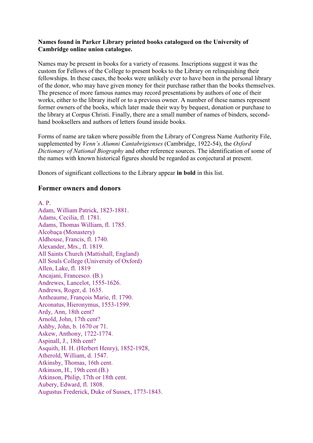 Names Found in Parker Library Printed Books Catalogued on the University of Cambridge Online Union Catalogue