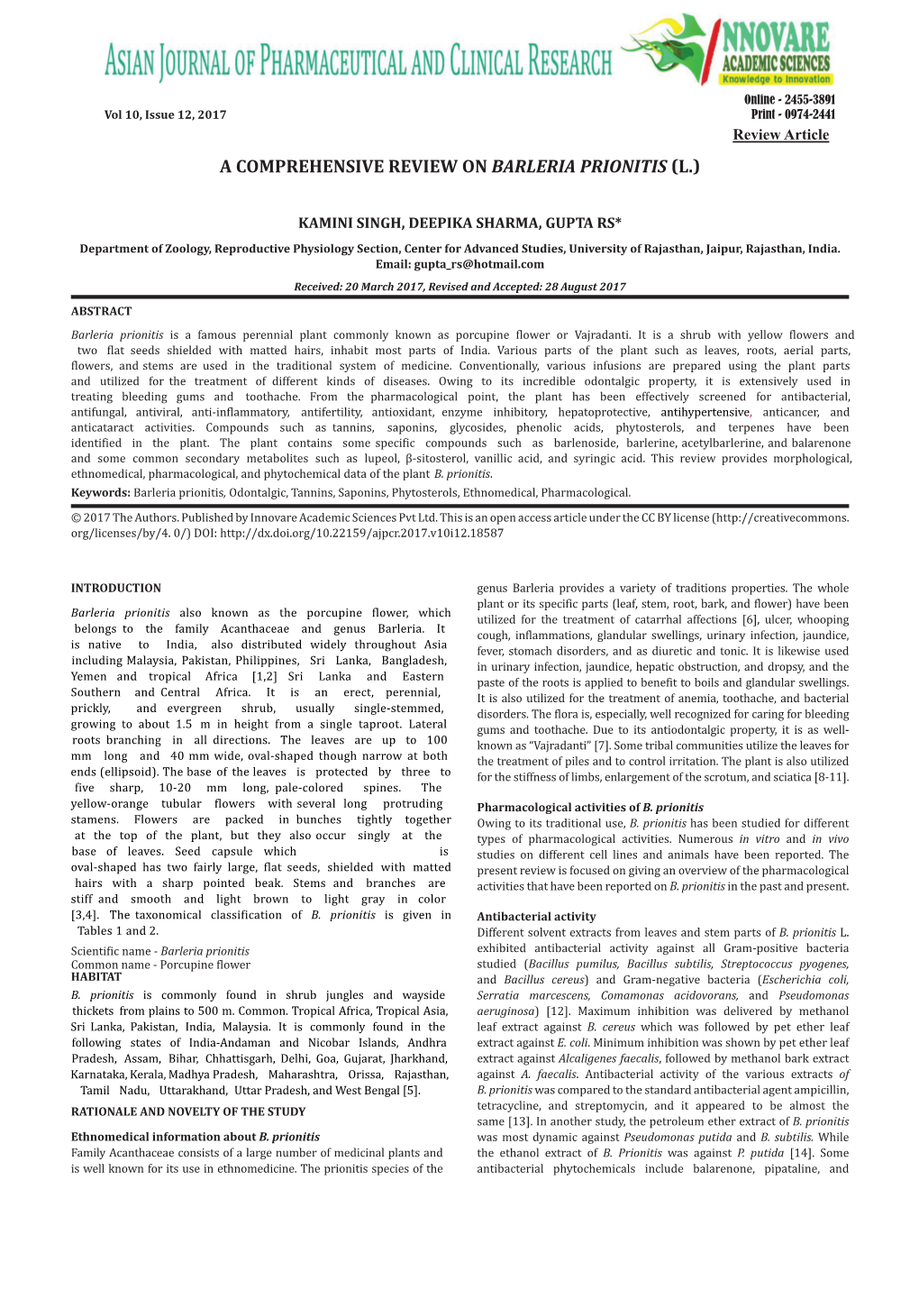 A Comprehensive Review on Barleria Prionitis (L.)