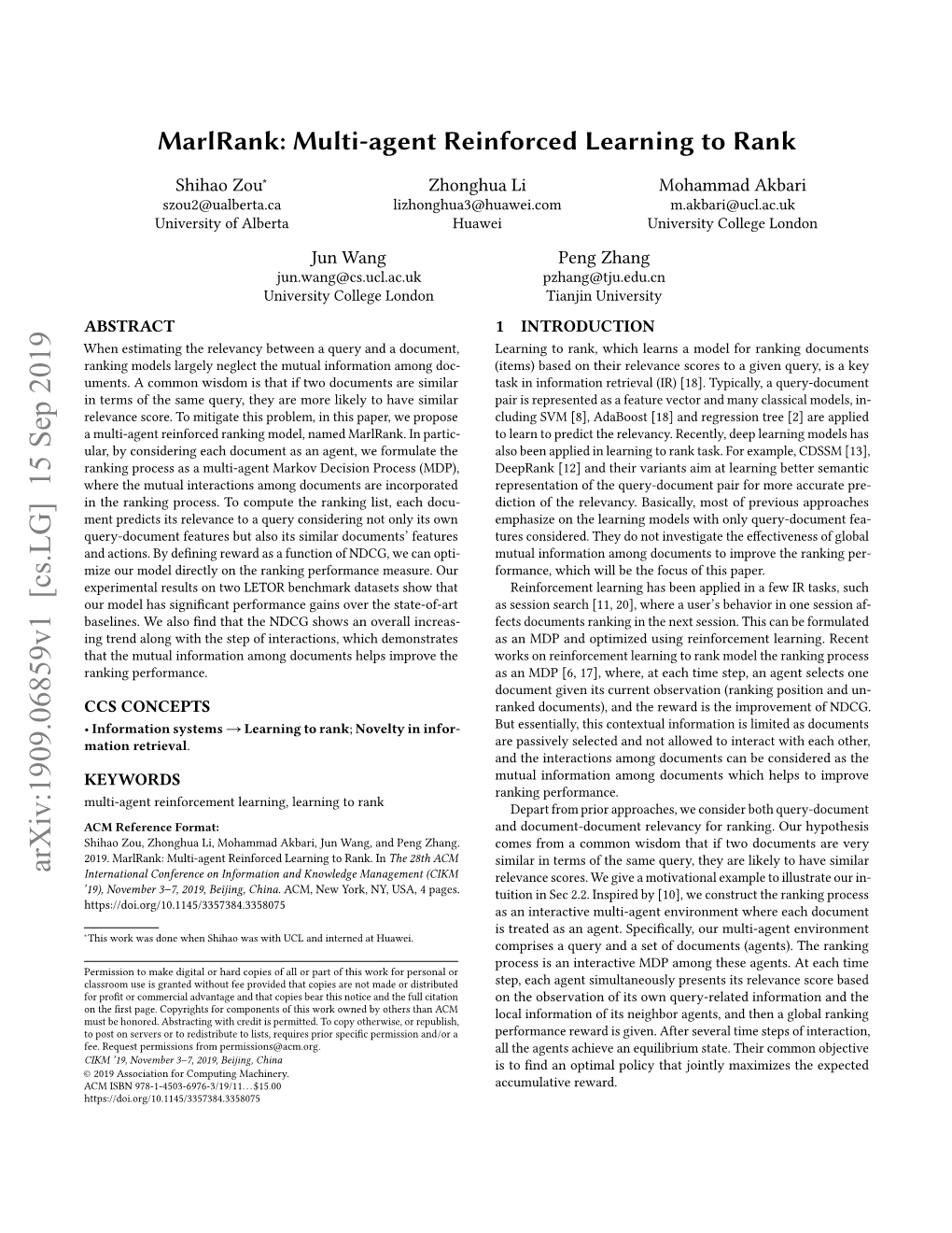 Multi-Agent Reinforced Learning to Rank