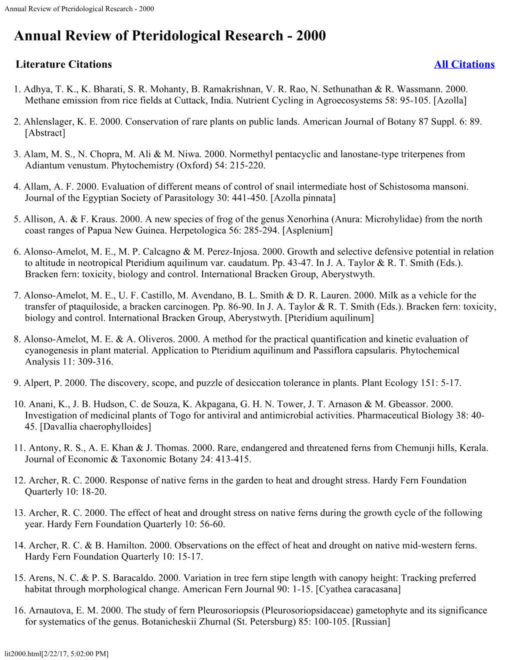 Annual Review of Pteridological Research - 2000