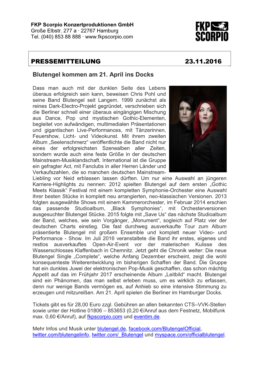 PRESSEMITTEILUNG 23.11.2016 Blutengel Kommen Am 21. April Ins