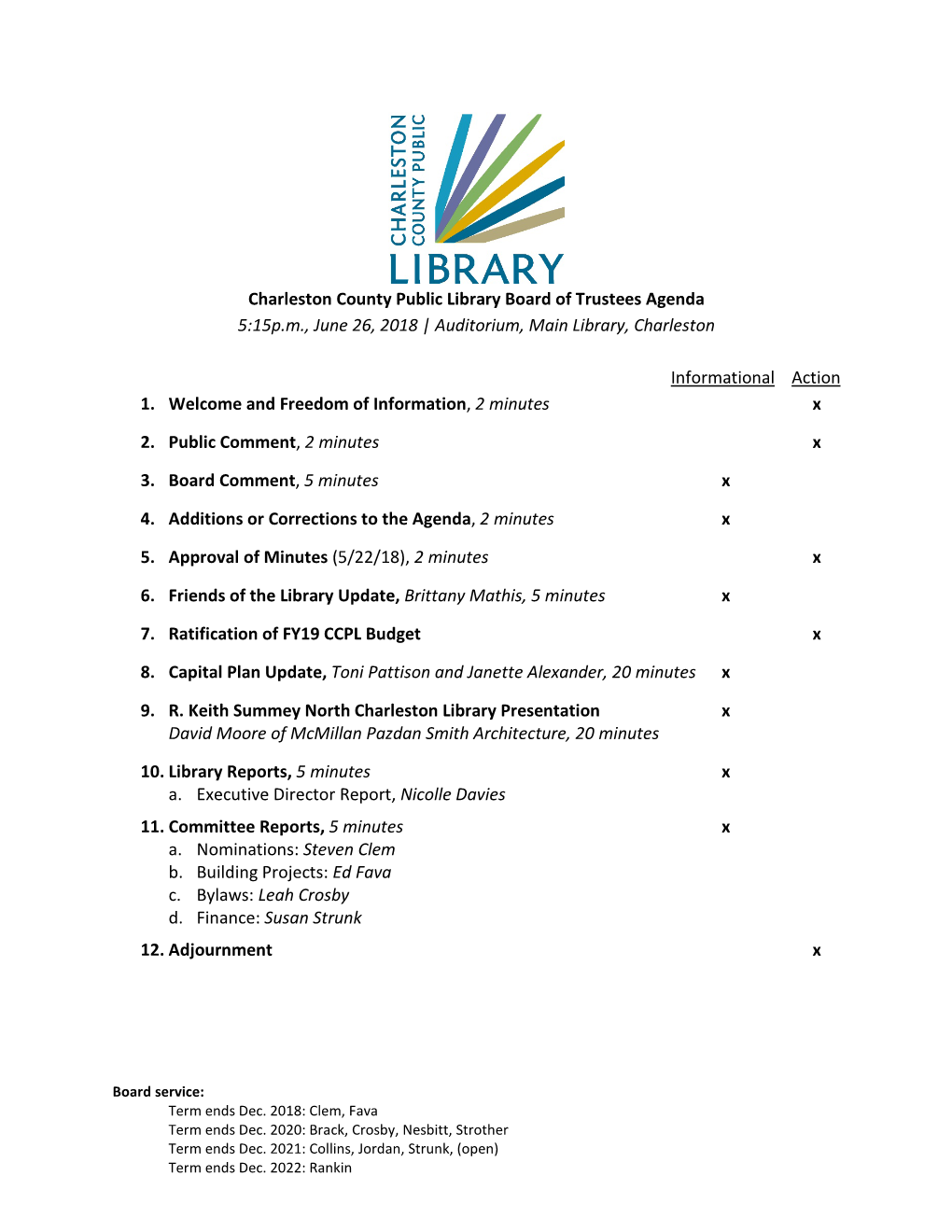 Charleston County Public Library Board of Trustees Agenda 5:15P.M., June 26, 2018 | Auditorium, Main Library, Charleston