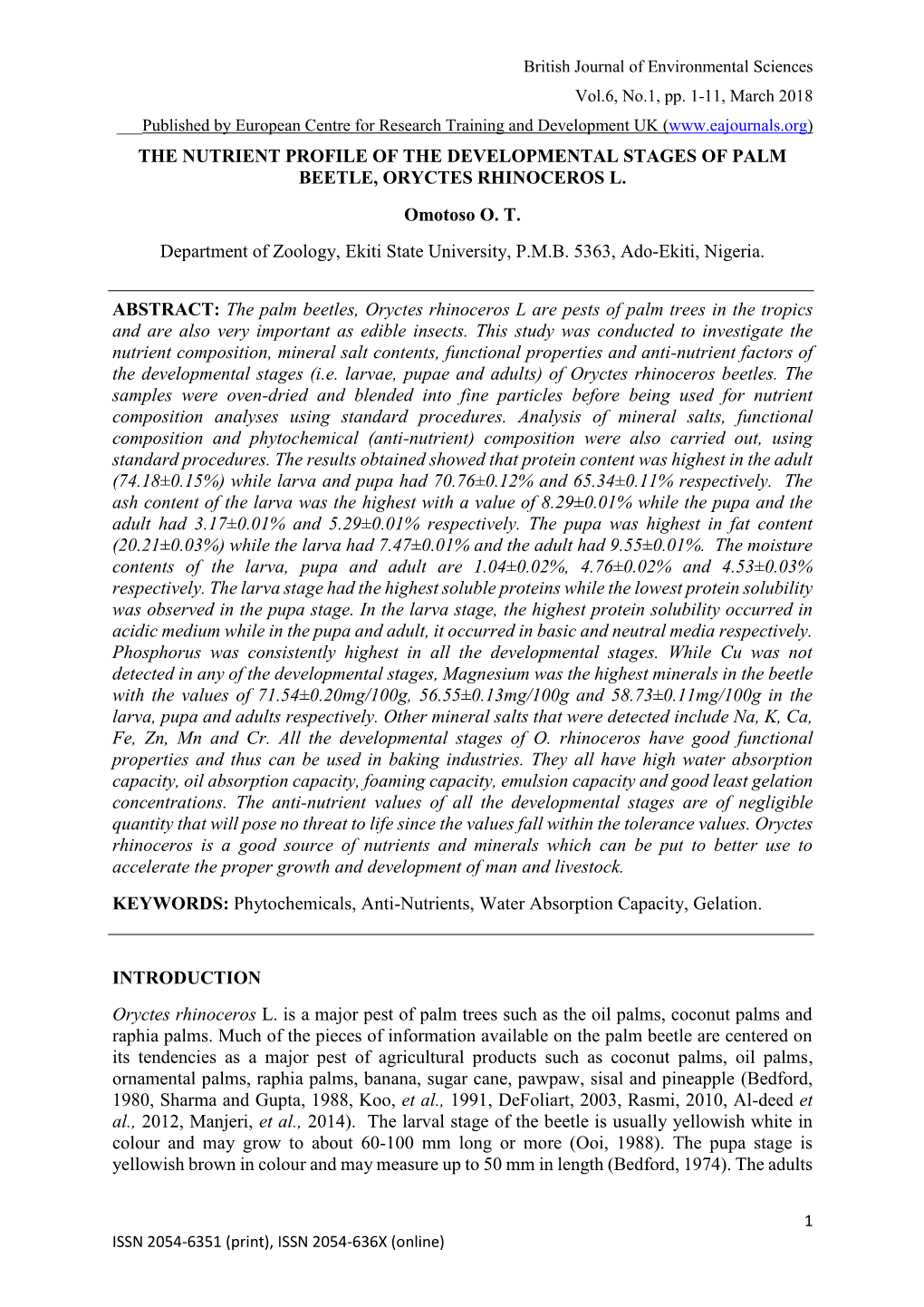 The Nutrient Profile of the Developmental Stages of Palm Beetle, Oryctes Rhinoceros L