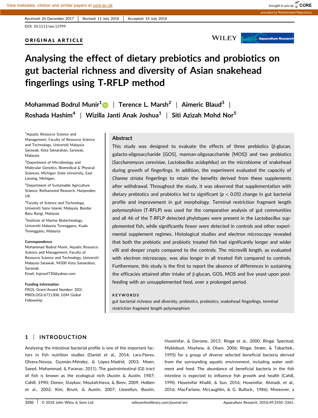 Analysing the Effect of Dietary Prebiotics and Probiotics on Gut Bacterial Richness and Diversity of Asian Snakehead Fingerlings Using T‐RFLP Method