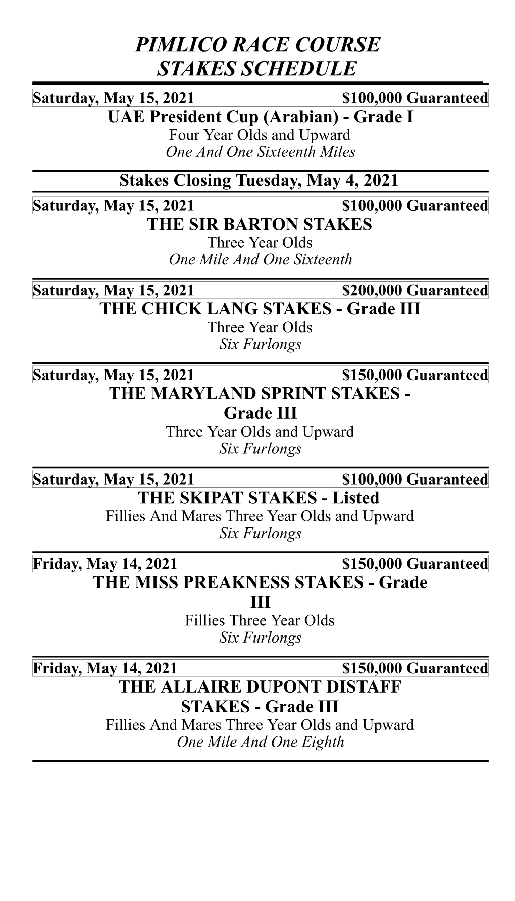 Stakes Schedule