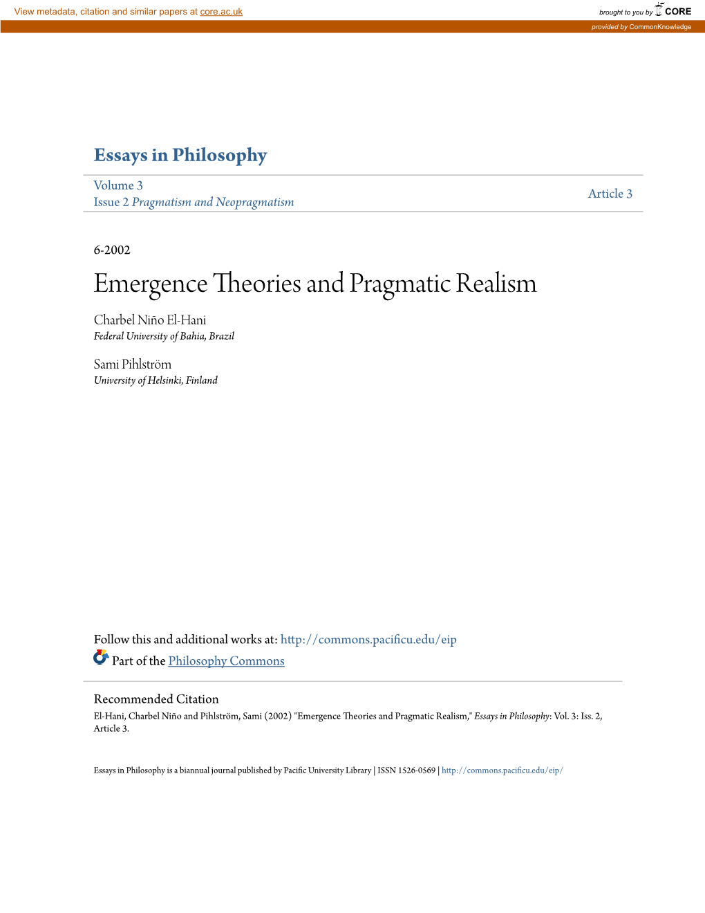 Emergence Theories and Pragmatic Realism Charbel Niño El-Hani Federal University of Bahia, Brazil