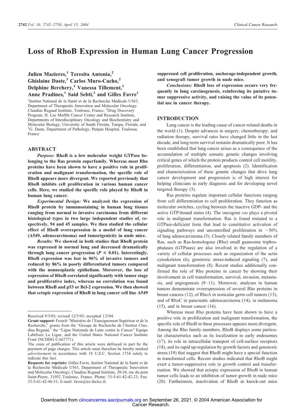 Loss of Rhob Expression in Human Lung Cancer Progression