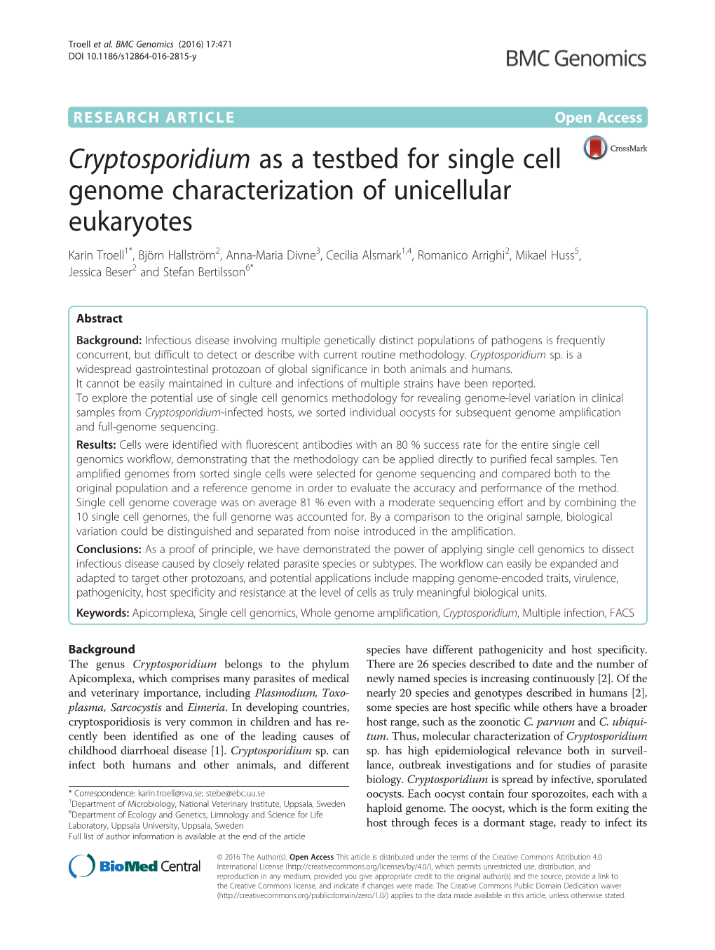 Cryptosporidium As a Testbed for Single Cell Genome Characterization