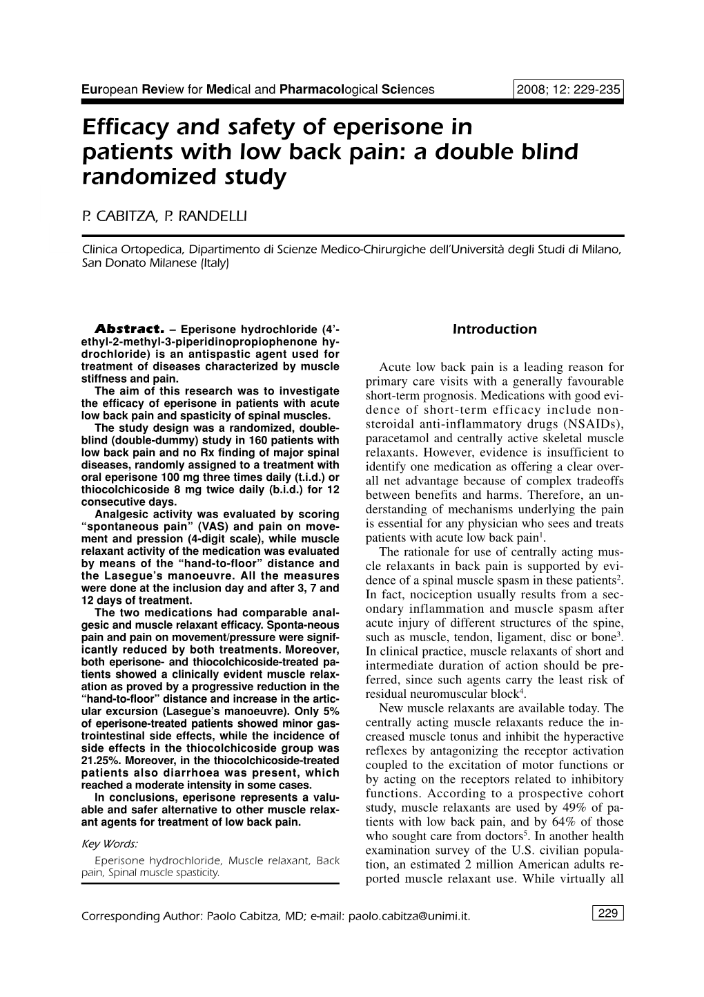 Efficacy and Safety of Eperisone in Patients with Low Back Pain: a Double Blind Randomized Study