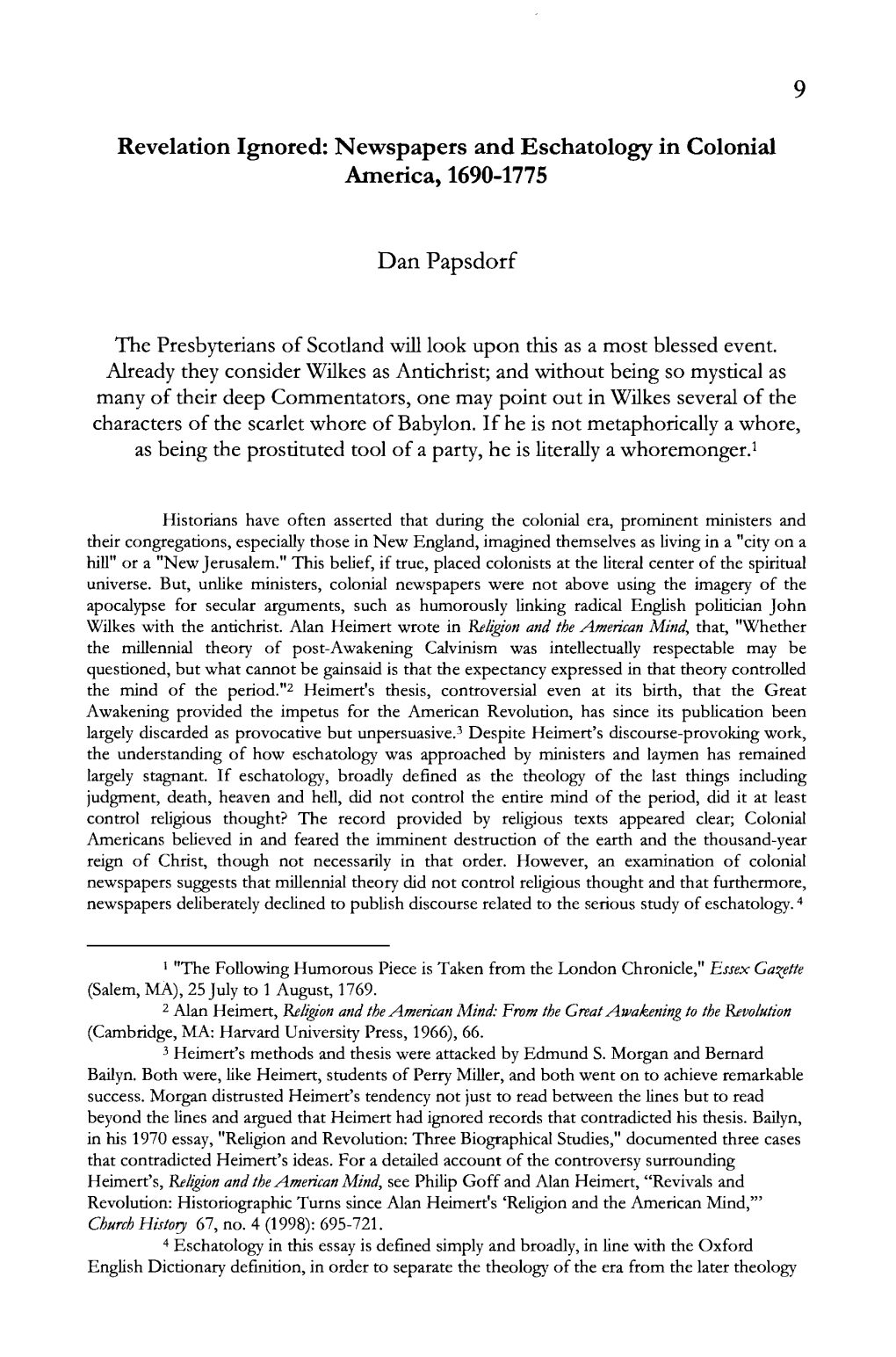 Revelation Ignored: Newspapers and Eschatology in Colonial America, 1690-1775