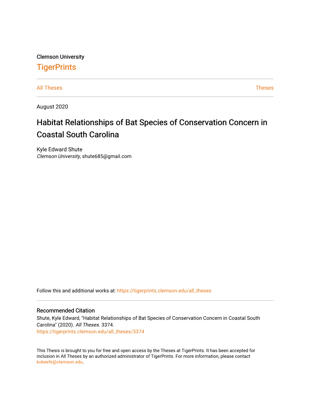 Habitat Relationships of Bat Species of Conservation Concern in Coastal South Carolina