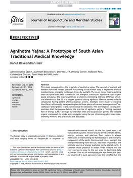 Agnihotra Yajna: a Prototype of South Asian Traditional Medical Knowledge Rahul Raveendran Nair