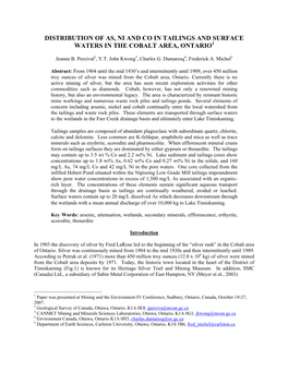 Distribution of As, Ni and Co in Tailings and Surface Waters in the Cobalt Area, Ontario1