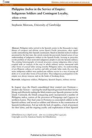 Philippine Indios in the Service of Empire: Indigenous Soldiers and Contingent Loyalty, 1600–1700