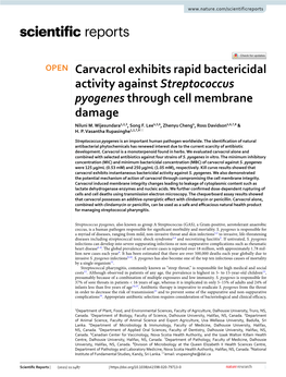 Carvacrol Exhibits Rapid Bactericidal Activity Against Streptococcus Pyogenes Through Cell Membrane Damage Niluni M