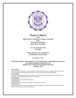 Progress Report to the Middle States Commission on Higher Education from HARCUM COLLEGE Bryn Mawr, PA 19010