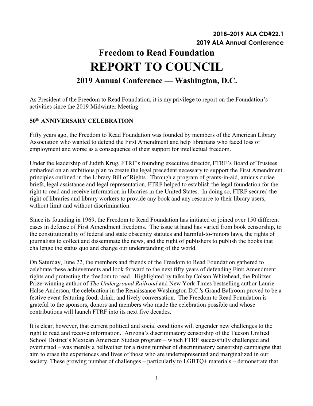 Freedom to Read Foundation REPORT to COUNCIL 2019 Annual Conference — Washington, D.C