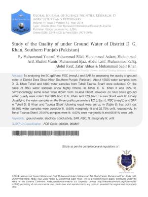 Study of the Quality of Under Ground Water of District Dgkhan, Southern