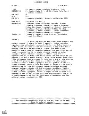 DOCUMENT RESUME New Mexico Indian Education Directory, 1996. New Mexico State Dept. of Education, Santa Fe. Div. *American India