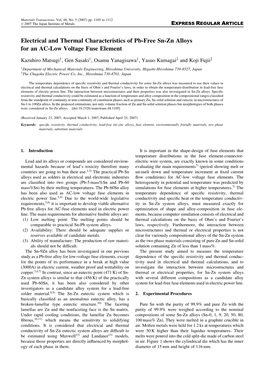 Electrical and Thermal Characteristics of Pb-Free Sn-Zn Alloys for an AC-Low Voltage Fuse Element