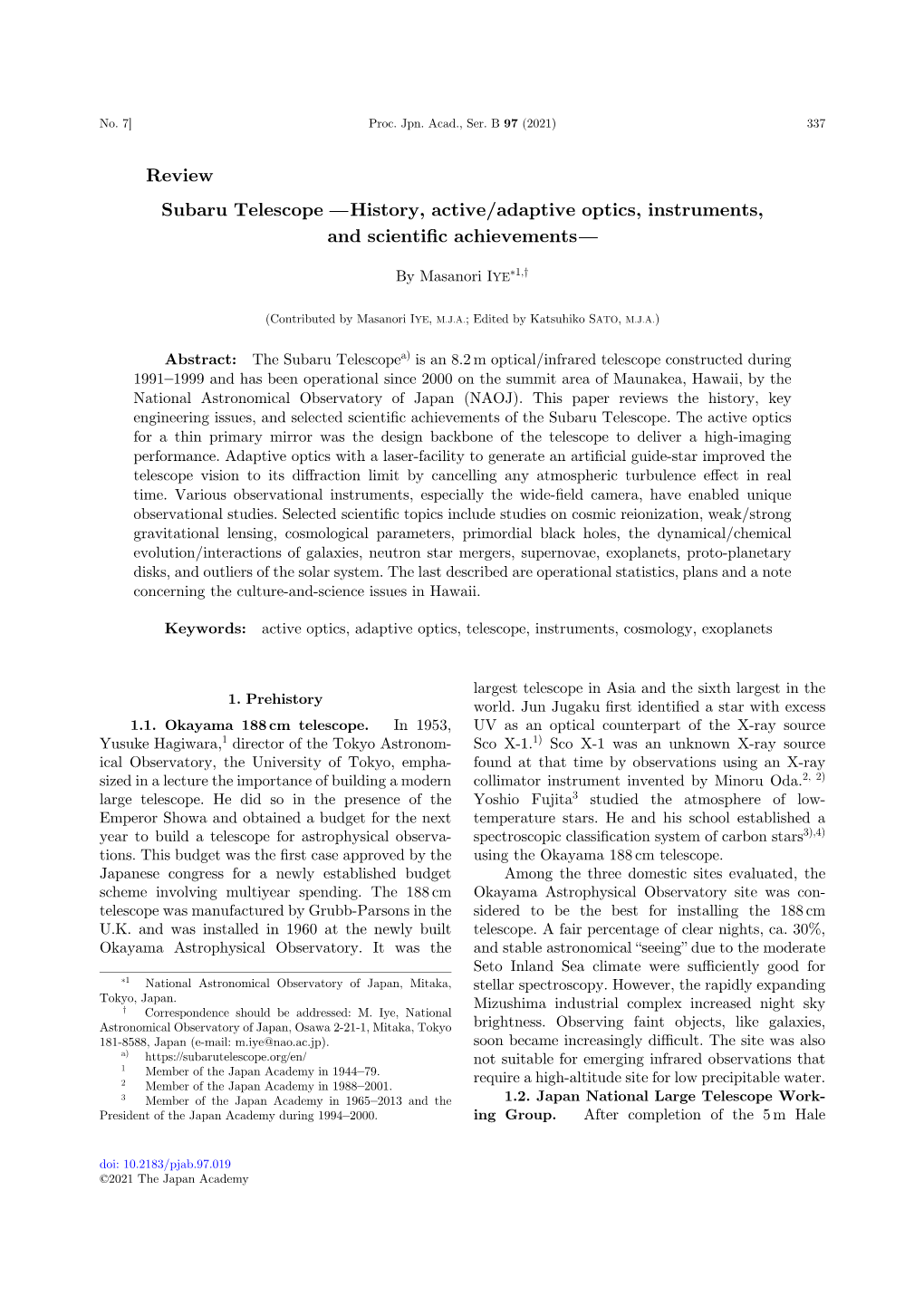 Subaru Telescope —History, Active/Adaptive Optics, Instruments, and Scientiﬁc Achievements—