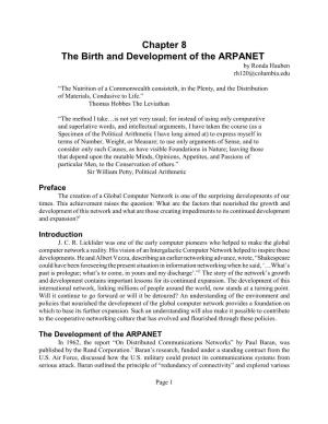 Chapter 8 the Birth and Development of the ARPANET by Ronda Hauben Rh120@Columbia.Edu