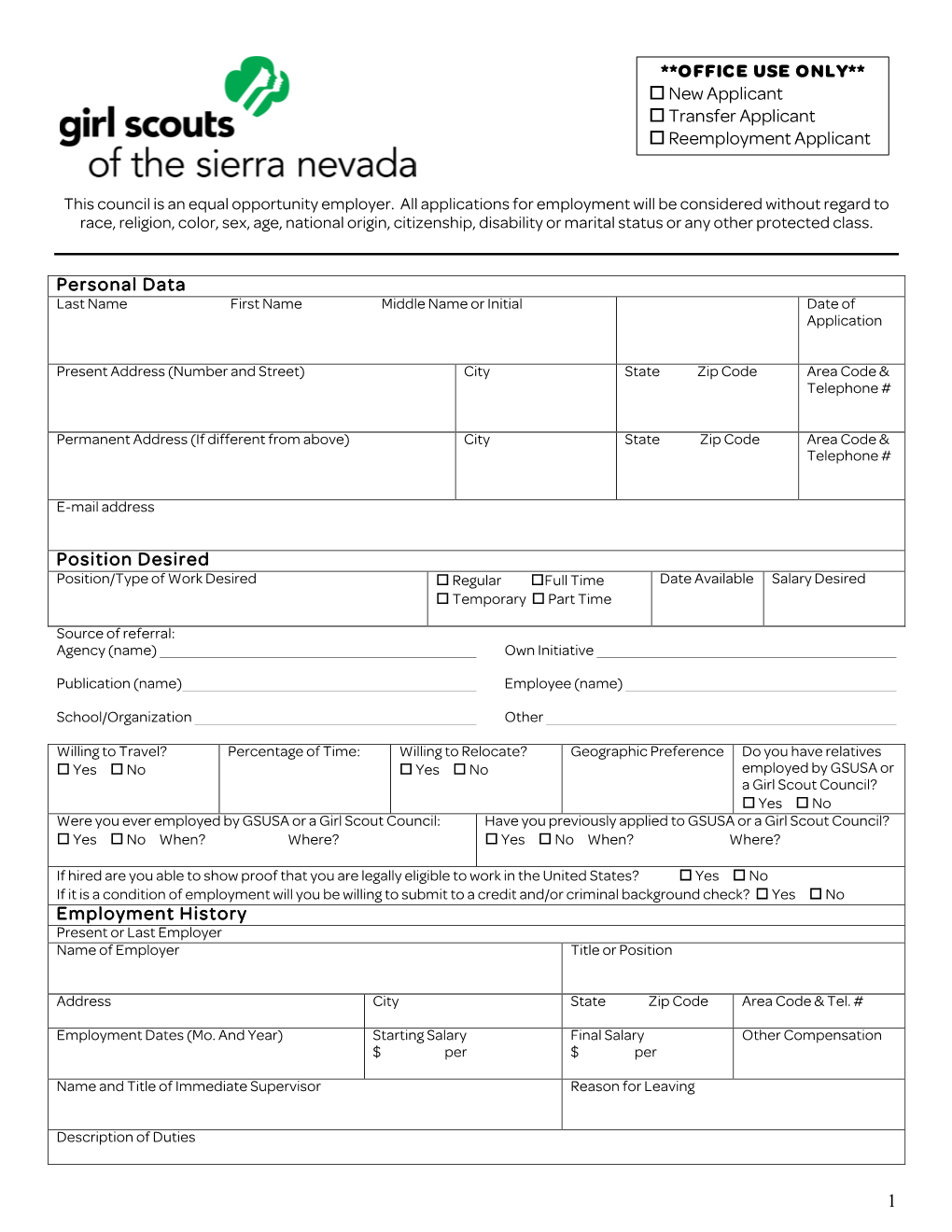 1 Personal Data Position Desired Employment History **OFFICE USE