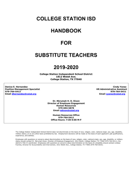 College Station Isd Handbook for Substitute Teachers