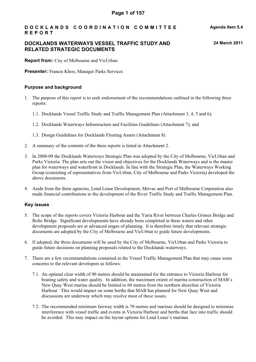 Docklands Waterways Vessel Traffic Study and Related