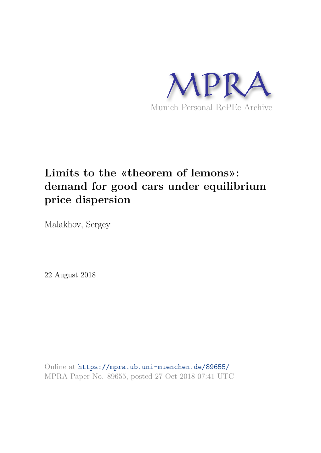 Theorem of Lemons»: Demand for Good Cars Under Equilibrium Price Dispersion