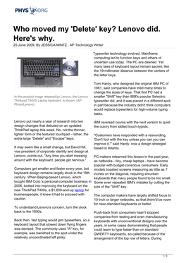 'Delete' Key? Lenovo Did. Here's Why. 25 June 2009, by JESSICA MINTZ , AP Technology Writer