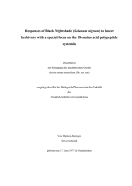 Solanum Nigrum) to Insect Herbivory with a Special Focus on the 18-Amino Acid Polypeptide Systemin