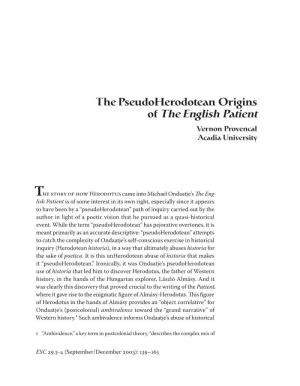 The Pseudoherodotean Origins of the English Patient Vernon Provencal Acadia University