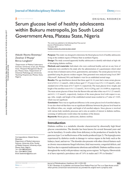 Serum Glucose Level of Healthy Adolescents Within Bukuru Metropolis, Jos South Local Government Area, Plateau State, Nigeria