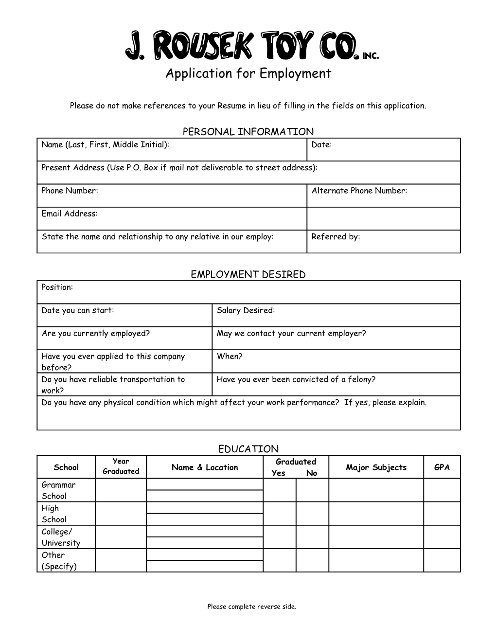 Application for Employment s50