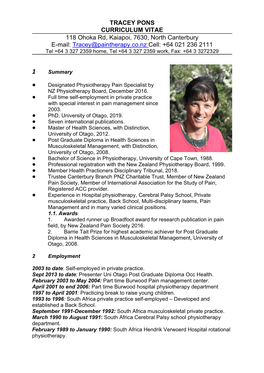 TRACEY PONS CURRICULUM VITAE 118 Ohoka Rd, Kaiapoi, 7630