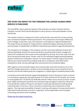 The Study on Impact of the Foreseen the Loviisa–Kunda Ferry Service Is Published