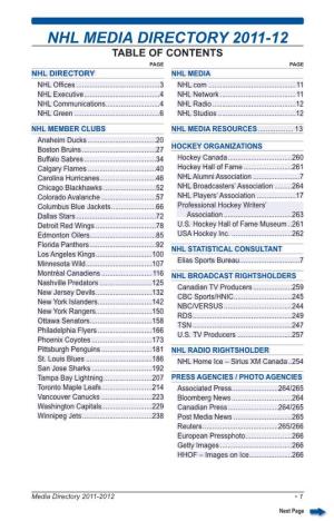 Nhl Media Directory 2011-12 Table of Contents Page Page Nhl Directory Nhl Media 1+/2I¿Fhv