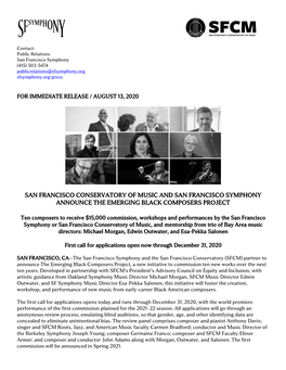 San Francisco Conservatory of Music and San Francisco Symphony Announce the Emerging Black Composers Project