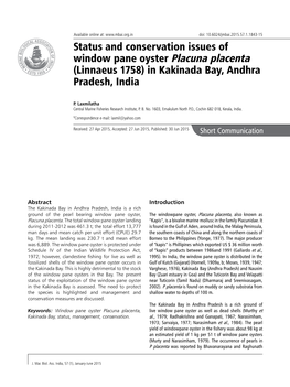 Status and Conservation Issues of Window Pane Oyster Placuna Placenta (Linnaeus 1758) in Kakinada Bay, Andhra Pradesh, India