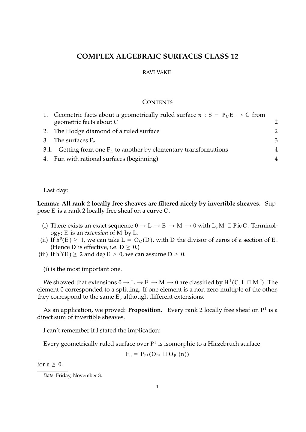 Complex Algebraic Surfaces Class 12