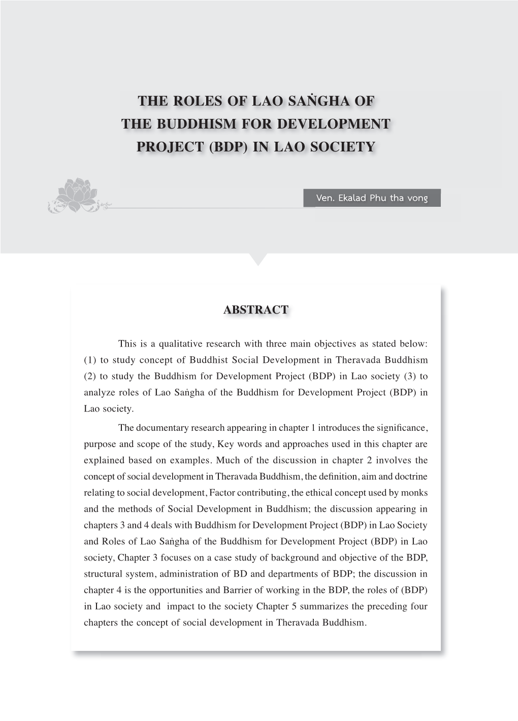 The Roles of Lao Saṅgha of the Buddhism for Development Project (Bdp) in Lao Society