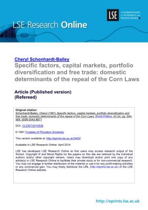 Specific Factors, Capital Markets, Portfolio Diversification and Free Trade: Domestic Determinants of the Repeal of the Corn Laws