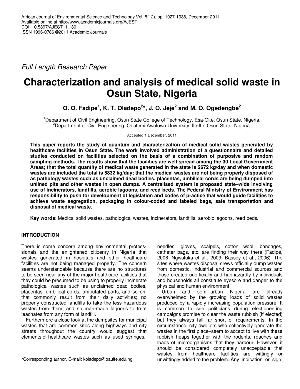 Characterization and Analysis of Medical Solid Waste in Osun State, Nigeria