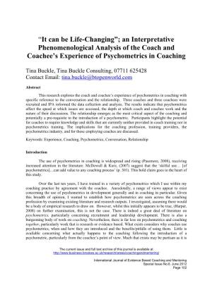 An Interpretative Phenomenological Analysis of the Coach and Coachee’S Experience of Psychometrics in Coaching
