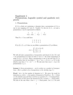 Supplement 4 Permutations, Legendre Symbol and Quadratic Reci- Procity 1