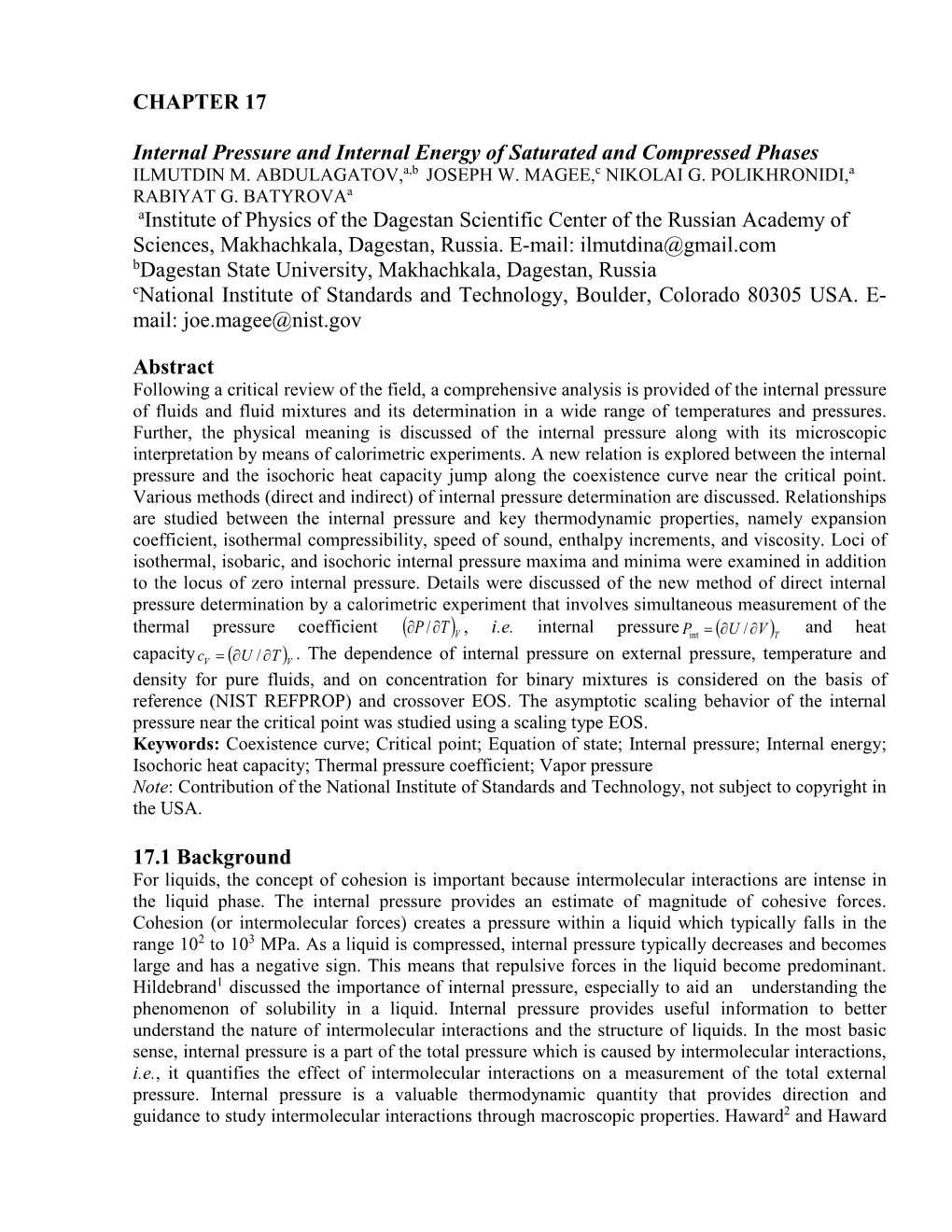 CHAPTER 17 Internal Pressure and Internal Energy of Saturated and Compressed Phases Ainstitute of Physics of the Dagestan Scient